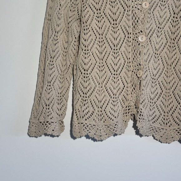 Emma James Womens Large Linen Blend Open Knit Cardigan Button Scallop Hem Tan - Picture 4 of 6